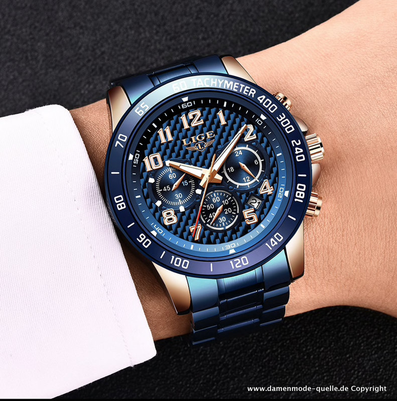 Chronograph Quarz Armbanduhr Blau Gold
