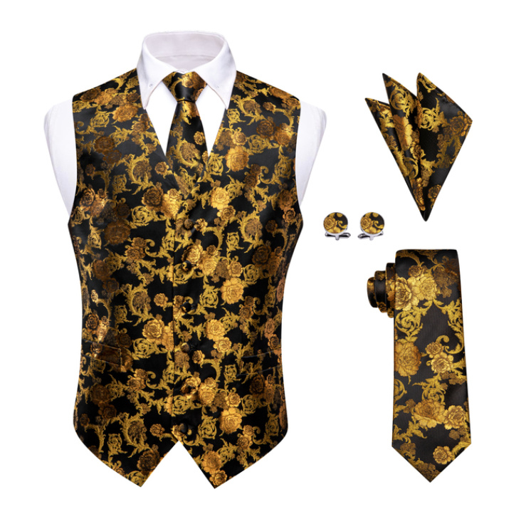 Jacquard Herren Business Set Weste Krawatte Knöpfe und Tuch in Gold