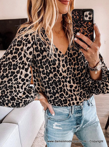 Damen Oberbekleidung Langarm 2024 Leopard Kaufen | | Online V-Ausschnitt Günstig Damenmode Bluse Print