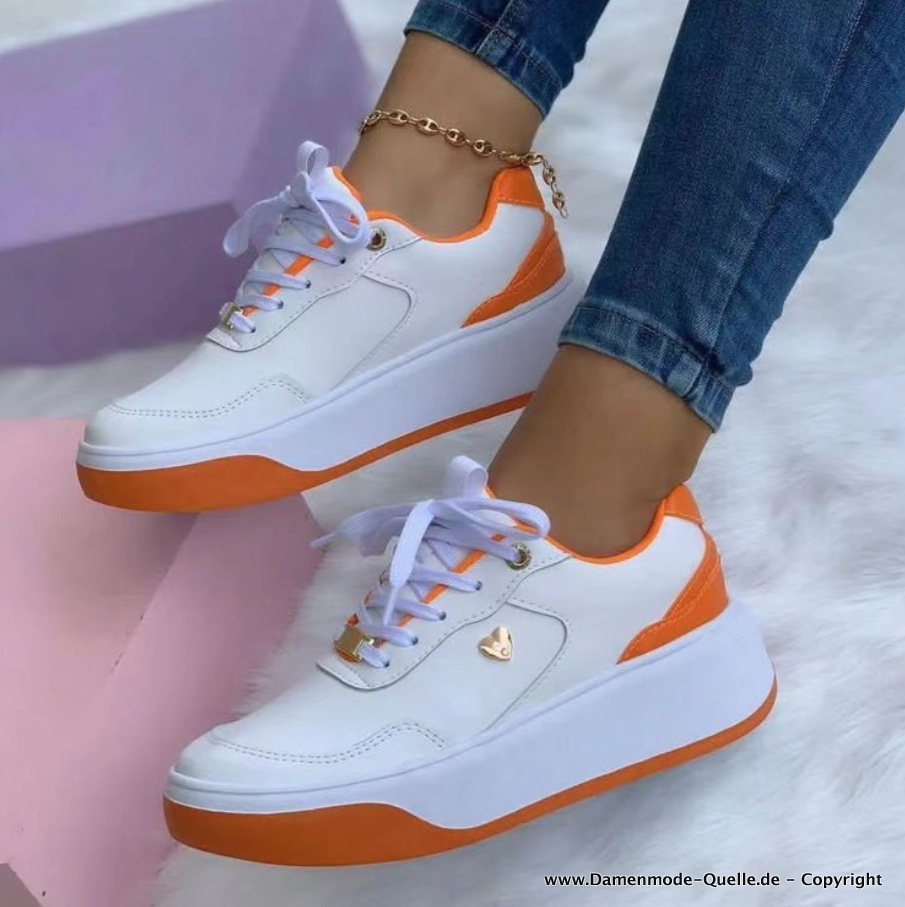 Pu Leder Damen Schnür Schuhe in Weiß Orange mit Dicke Sohle