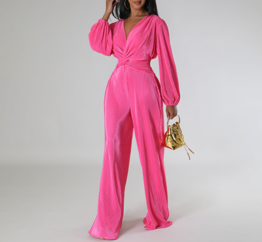Langarm Jumpsuit Einteiler Elegant mit V Ausschnitt in Pink