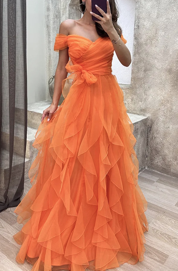 Schulterfreies Maxi Abendkleid Elegant in Orange mit Raffungen