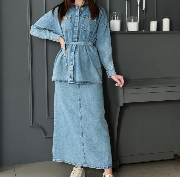 Vintage Style Jeans Damen Zweiteiler Bluse mit Rock im Set Hellblau