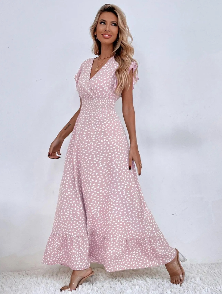 Boho Style Maxi Sommerkleid Livia Lang in Rosa mit V Ausschnitt