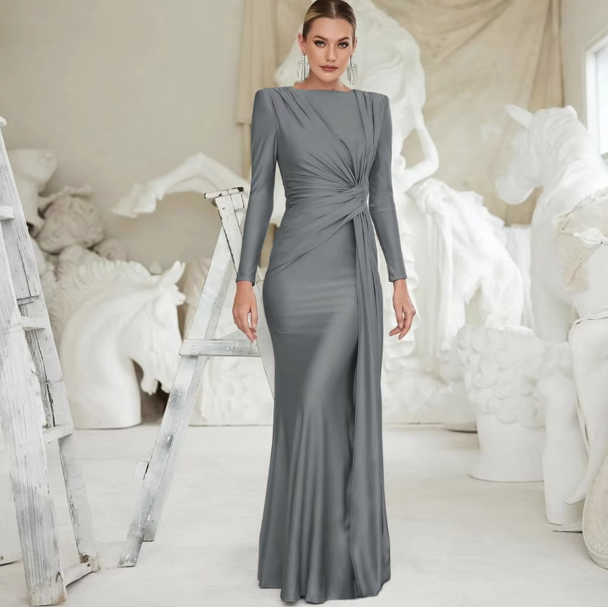 A Linie Langarm Abendkleid Elegant in Wickel Optik in Silber