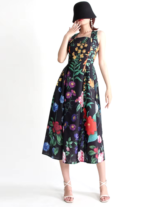 Elegantes A Linie Sommerkleid Wadenlang Ärmellos mit Blumenmuster