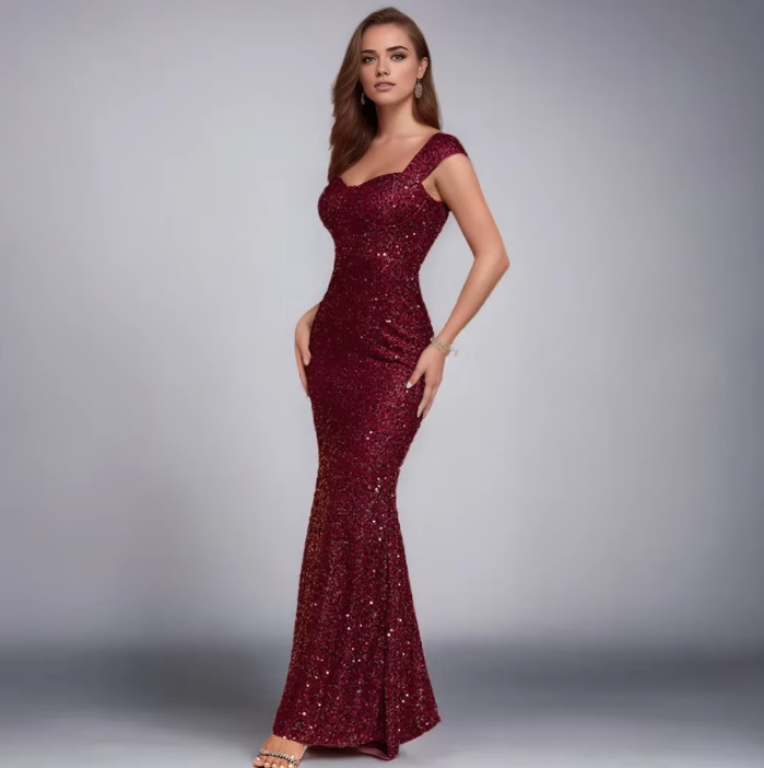 Fit and Flare Glitzer Abendkleid Arlene in Dunkelrot