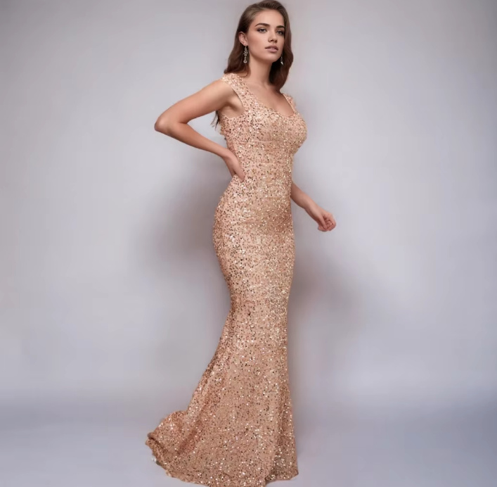 Fit and Flare Glitzer Abendkleid Arlene in Gold