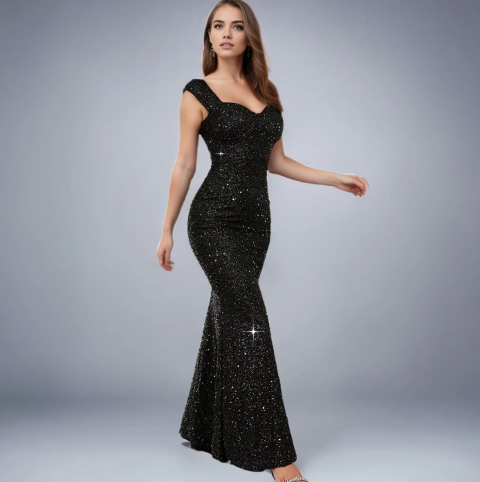 Fit and Flare Glitzer Abendkleid Arlene in Schwarz