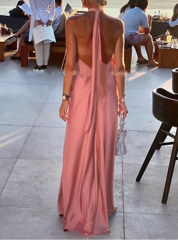 Maxi Satin Sommerkleid 2025 mit Rückenausschnitt Lachs