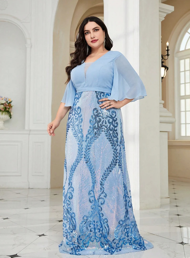 Maxi Sommerkleid Elegant mit Pailletten in Hellblau Bodenlang