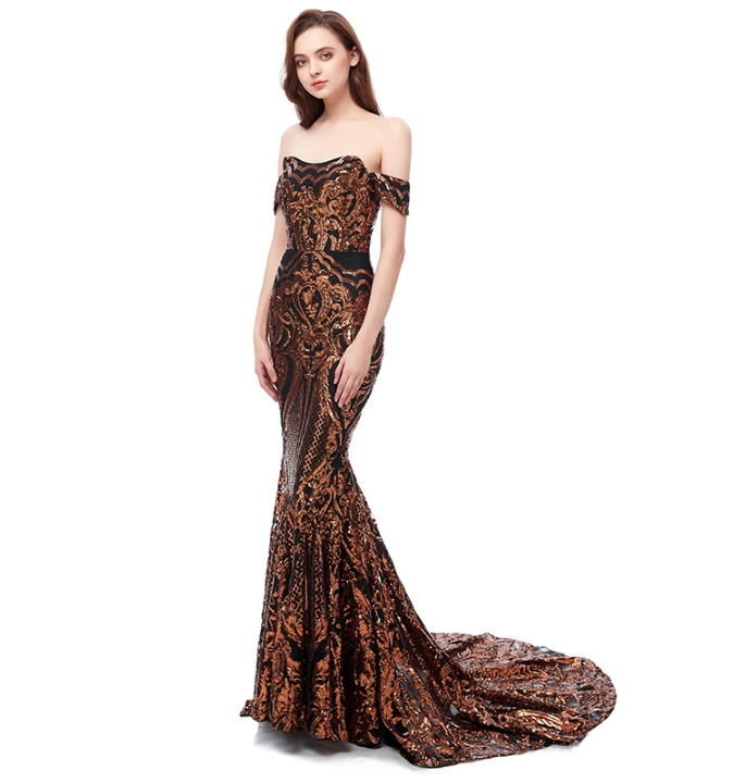 Schulterfreies Fit and Flare Abendkleid Alissa mit Pinselschleppe in Bronze