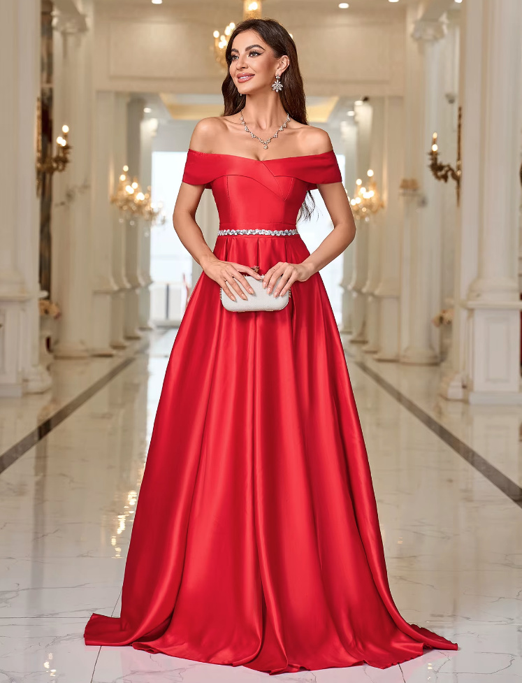 Schulterfreies Satin Abendkleid in Rot mit Schärpe und Sexy Schlitz