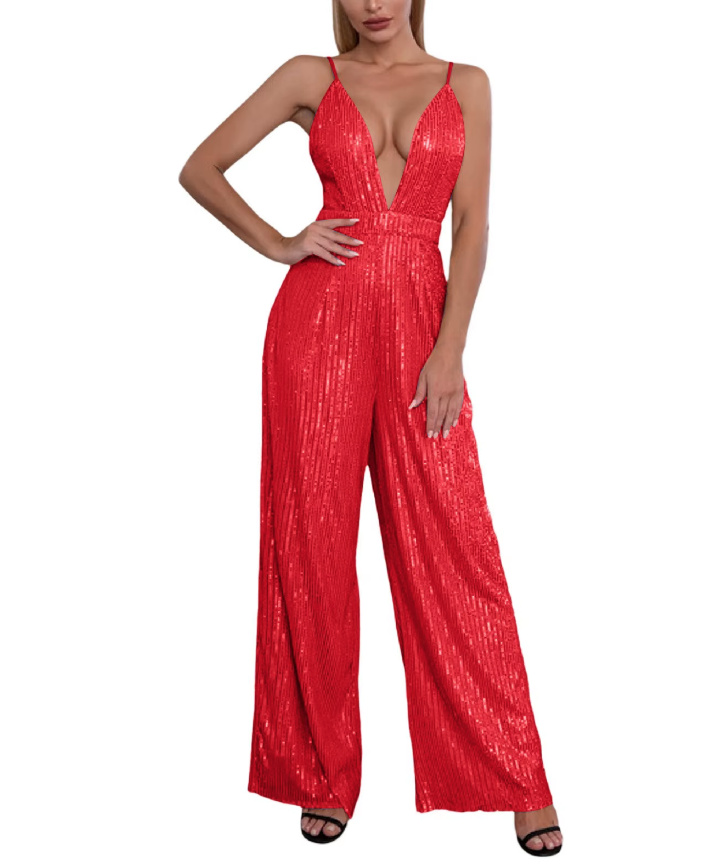  Sexy Glitzer Pailletten A Linie Einteiler 2025 Jumpsuit Diandra mit V Ausschnitt in Rot