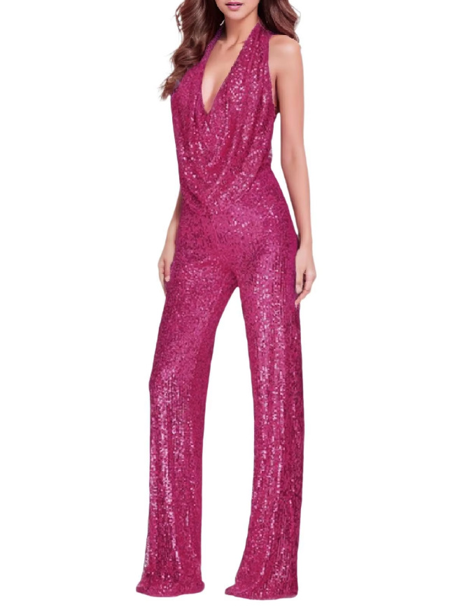  Sexy Glitzer Pailletten I Linie Einteiler 2025 Jumpsuit Dona mit Neckholder Träger in Pink