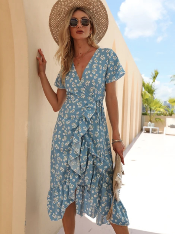 V Ausschnitt Kurzarm Wickel Sommerkleid mit Blumenmuster Hellblau