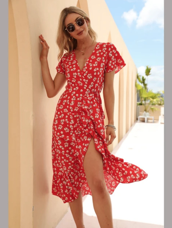 V Ausschnitt Kurzarm Wickel Sommerkleid mit Blumenmuster Rot