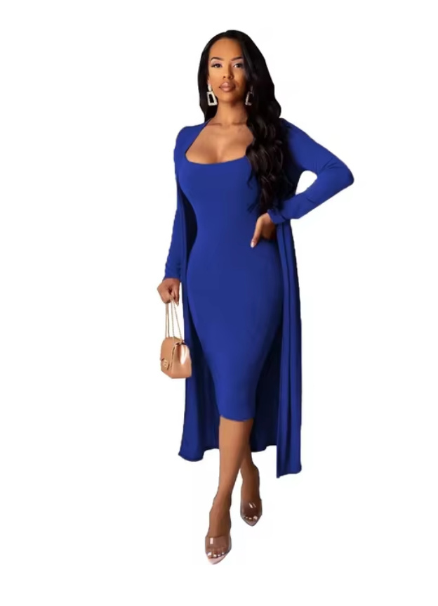 Damen Outfit Domenika Samt Figurbetontes Kleid mit Lange Jacke in Blau