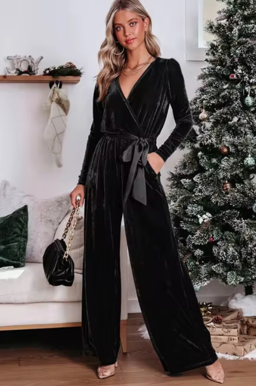 Langarm Einteiler Overall Elegant in Schwarz mit V Ausschnitt