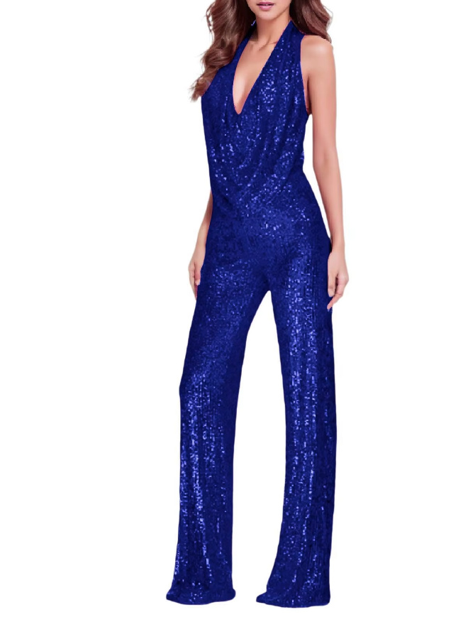  Sexy Glitzer Pailletten I Linie Einteiler 2025 Jumpsuit Dona mit Neckholder Träger in Navyblau