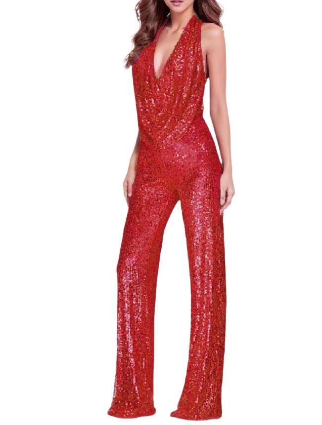  Sexy Glitzer Pailletten I Linie Einteiler 2025 Jumpsuit Dona mit Neckholder Träger in Rot