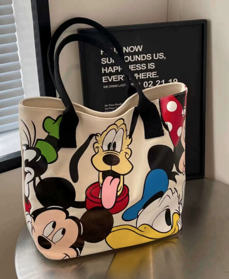 Große Disney Mickey Pluto Cartoon Leinen Damen Tasche Schwarz