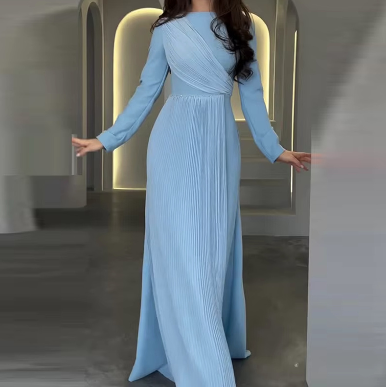  A-Linie Langarm Kleid Dona Elegant in Hellblau Plissiert