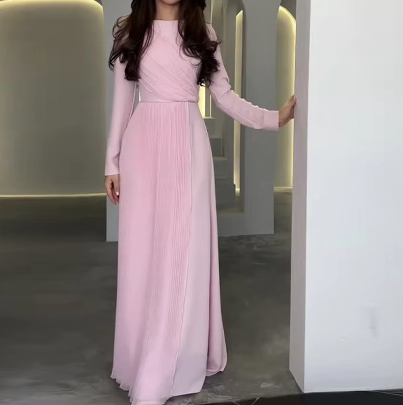  A-Linie Langarm Kleid Dona Elegant in Rosa Plissiert