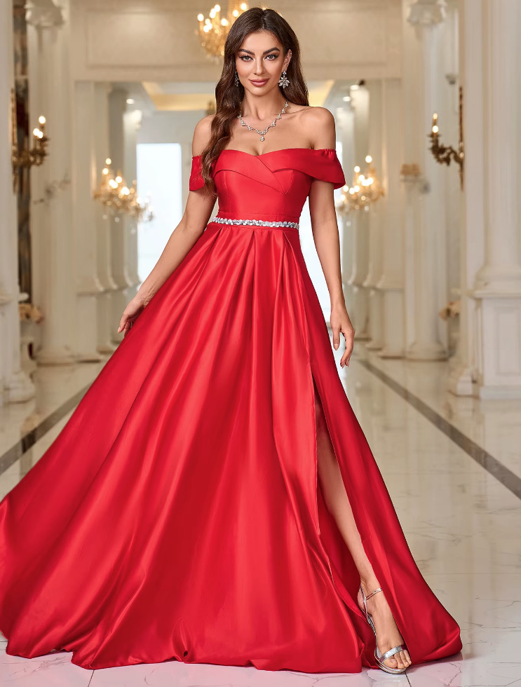 Schulterfreies Satin Abendkleid in Rot mit Schärpe und Sexy Schlitz