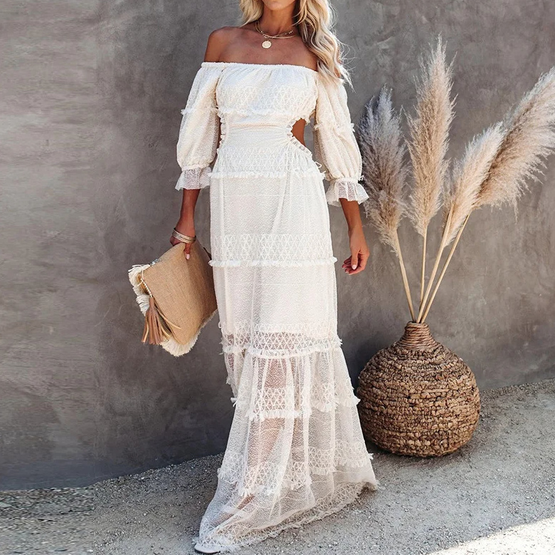 Schulterfreies Langarm Boho Sommerkleid in Weiß mit Sexy Cut Out