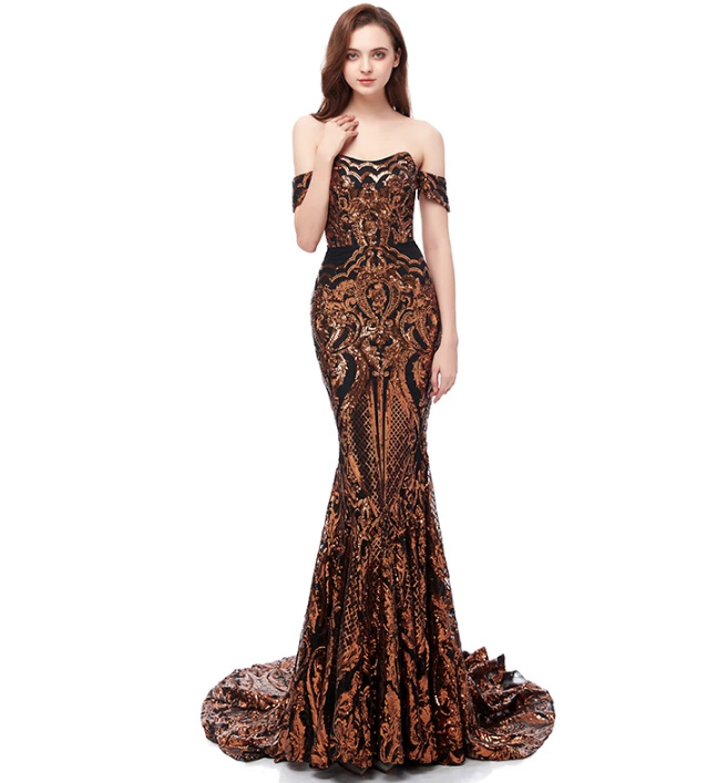 Schulterfreies Fit and Flare Abendkleid Alissa mit Pinselschleppe in Bronze