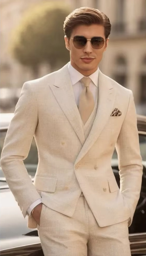 Business Herren Anzug Elegant Dreiteilig in Beige Creme mit Weste