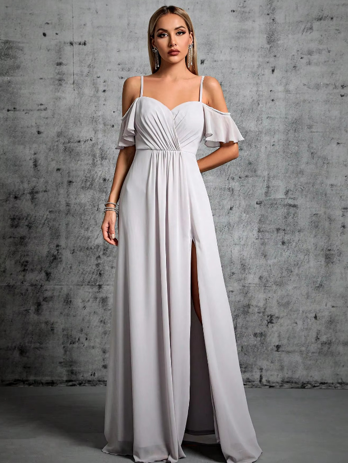 Elegantes Empire Maxi Kleid mit Spaghettiträger in Silbergrau