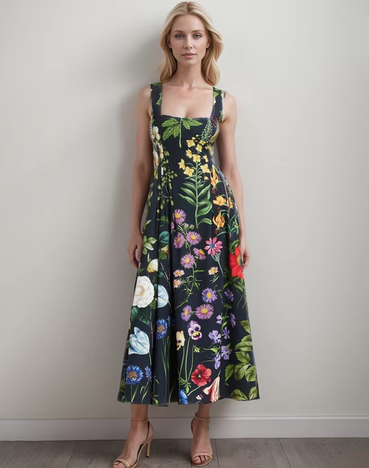 Elegantes A Linie Sommerkleid Wadenlang Ärmellos mit Blumenmuster